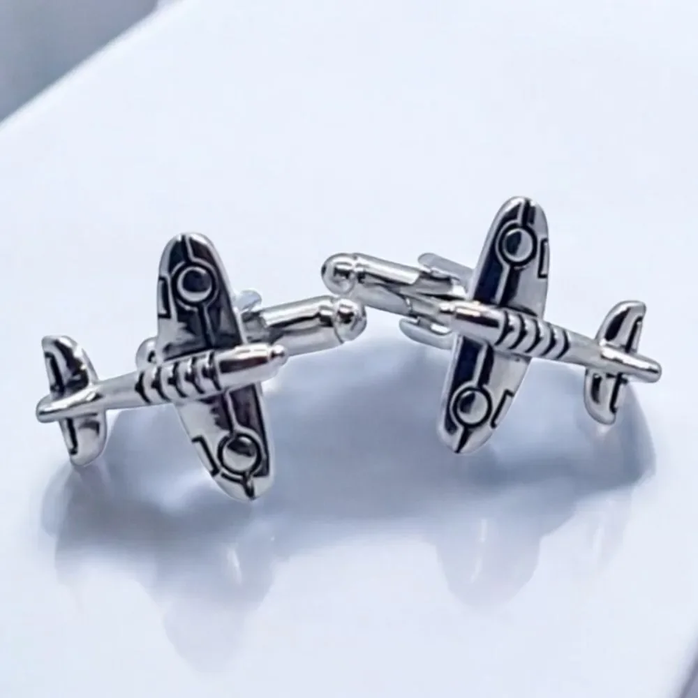 Men's Airplane Silver Cufflinks Tuxedo Formal Shaped Cuff Links Aviation Pilot